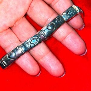 Pretty Cross, Heart, Ichthys Statement Stretch Bracelet Silvertone